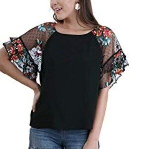 Umgee Floral Embroidered Top Ruffled Mesh‎ Embroidered Floral Flutter Sleeve Sm